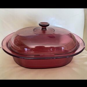 Vtg Pyrex Corning Ware Vision Cranberry 4Q 4L Oval Casserole Dish & Lid